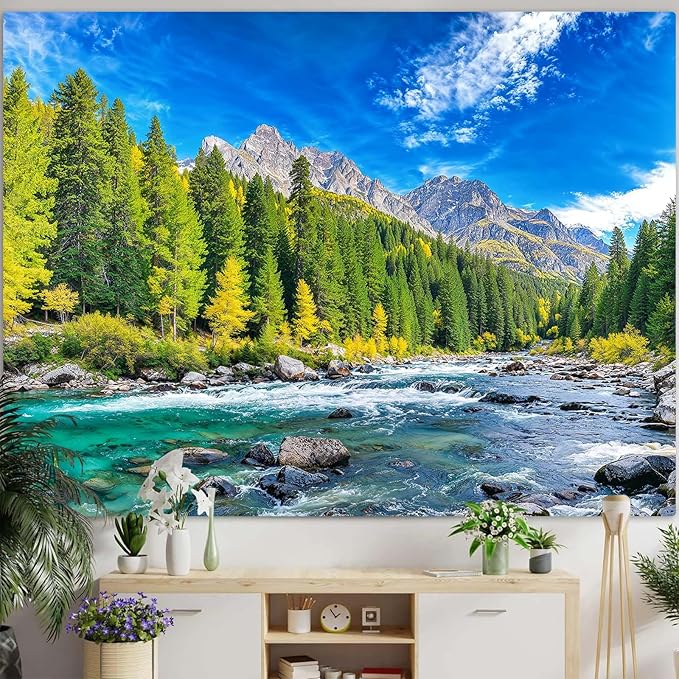 Accnicc Nature Forest Mountain Tapestry Green Pine Tree Wall Tapestry for Bedroom Aesthetic Woods Flowing River Landscape Small Tapestries Wall Hanging for Dorm Living Room Decor 48 x 36 Inch