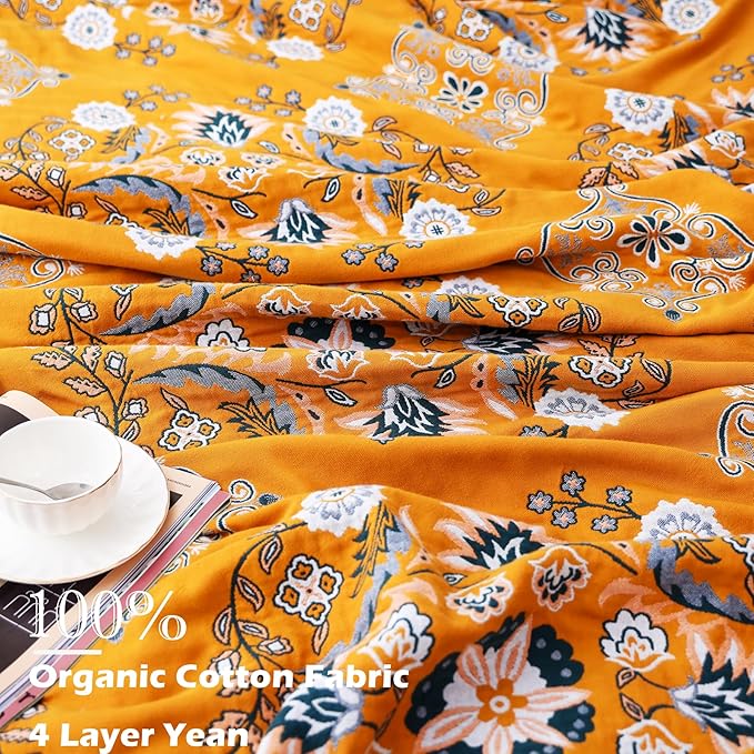 Boho Throw Blanket, 100% Cotton Soft Sofa Bed Throw-Floral Farmhouse Decor Blanket, Reversible Bohemian Throw for Chair Couch Quilt and Gift, 60" x 80"-Yellow