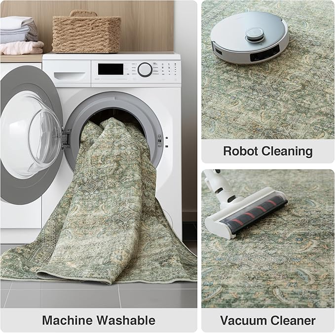 FMFUNCTEX 5x7 Washable Area Rug Green Neutral Vintage Distressed Non Slip Low Pile Traditional Indoor Carpet for Living Room Bedroom Soft Retro Mat Throw Rug for Dining Office Kitchen Dorm Entryway