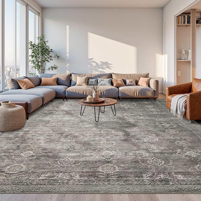 10x14 Area Rugs for Living Room Bedroom, Large Washable Rug, Grey Vintage Retro Boho Rug, Non Slip & Low Pile Faux Wool Thin Carpet for Indoor Dining Room and Kids Room(Taupe/Grey 10x14ft)