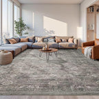 10x14 Area Rugs for Living Room Bedroom, Large Washable Rug, Grey Vintage Retro Boho Rug, Non Slip & Low Pile Faux Wool Thin Carpet for Indoor Dining Room and Kids Room(Taupe/Grey 10x14ft)