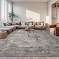 9x12 Area Rugs for Living Room Bedroom, Large Washable Rug, Grey Vintage Retro Boho Rug, Non Slip & Low Pile Faux Wool Thin Carpet for Indoor Dining Room and Kids Room(Taupe/Grey 9x12ft)
