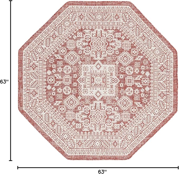 Rugs.com Outdoor Aztec Collection Rug – 5 Ft Octagon Rust Red Flatweave Rug Perfect for Living Rooms, Kitchens, Entryways