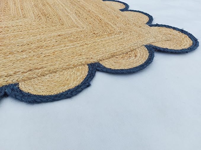 Scalloped Natural Jute Area Rug, Navy Trim, 2'x8'