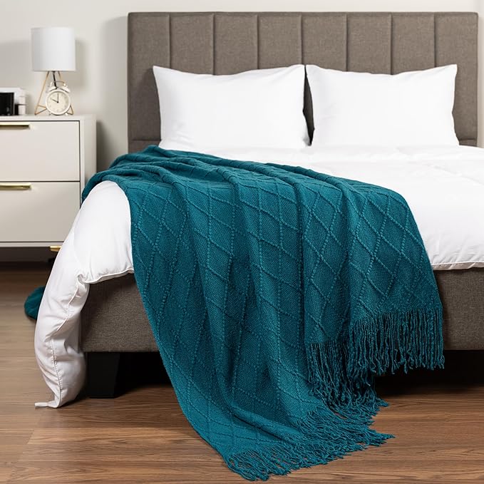 PAVILIA Teal Blue Knit Throw Blanket for Couch, Twin Bed, Soft Knitted Farmhouse Sofa Throw for Living Room, Lightweight Decorative Summer Blanket for Chair, Outdoor Textured Boho Blanket, 60x80