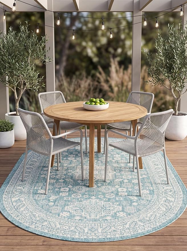 Rugs.com Outdoor Aztec Collection Rug – 5' x 8' Oval Aqua Flatweave Rug Perfect for Living Rooms, Large Dining Rooms, Open Floorplans
