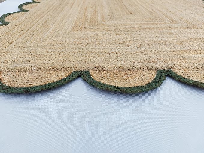 Scalloped Natural Jute Area Rug, Green Trim, 10'x14'