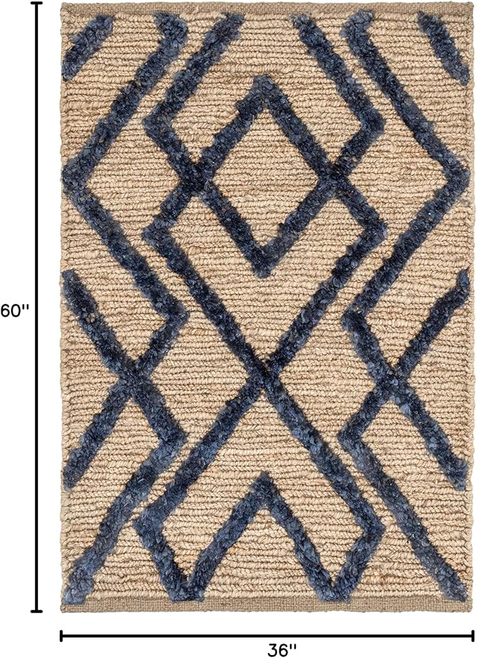 Dash & Albert Marco Navy Jute Soumak Handwoven Rug, 3 X 5 Feet, Blue Geometric Pattern