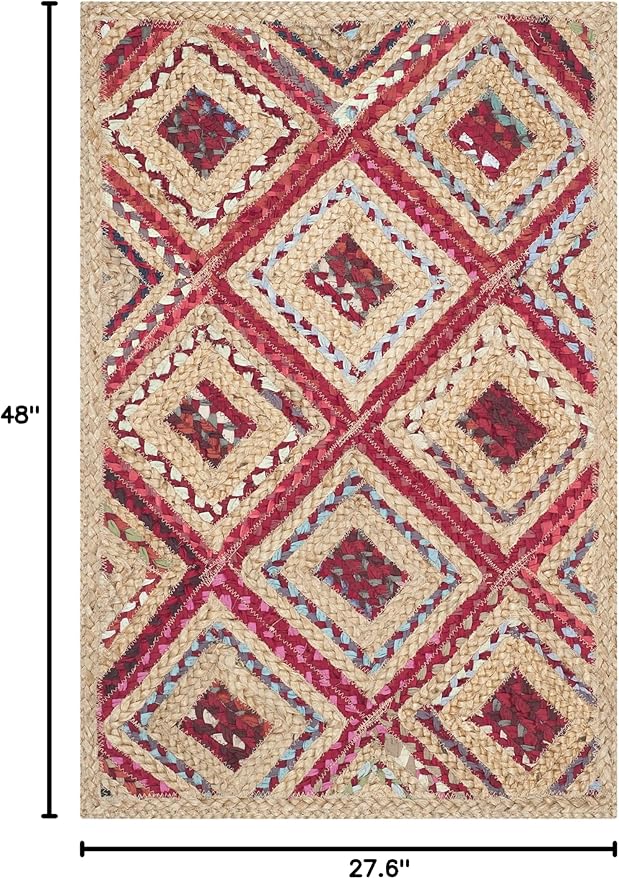 SAFAVIEH Cape Cod Collection Accent Rug - 2'3" x 4', Natural & Red, Handmade Flat Weave Diamond Braided Jute & Denim, Ideal for High Traffic Areas in Entryway, Living Room, Bedroom (CAP354B)