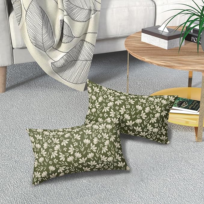 Olive Green Pillow Covers 12x20 Set of 2 Vintage Floral Rustic Old Style Cute Flower Print Rectangle Decorative Outdoor Pillowcases Seasonal Farmhouse Throw Cushion Case Couch Sofa Bed Decor