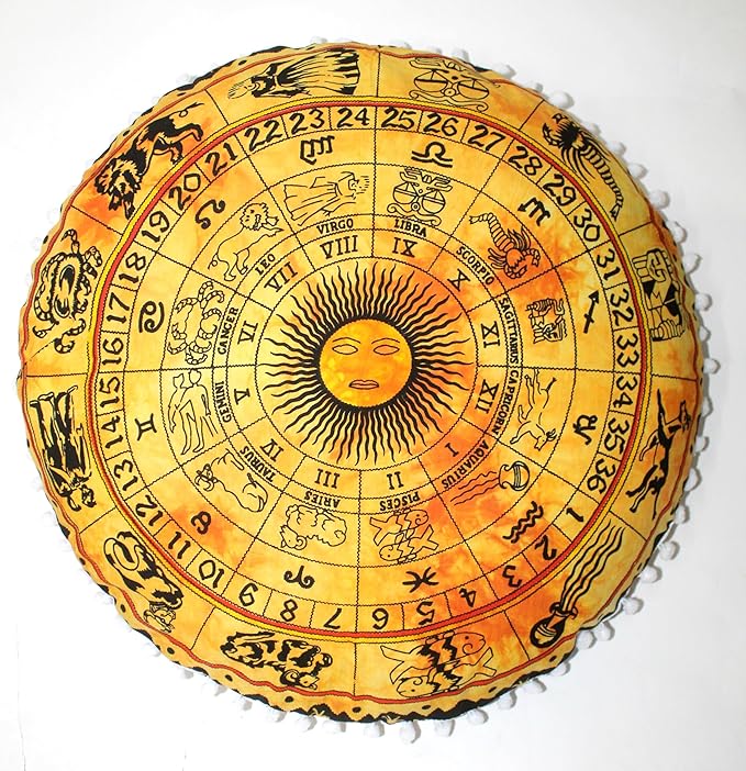 CRAFT KALA Boho Large Floor Pillow Pouf Cover Mandala Meditation Room Pillow Cover for Adults Round Bohemian Seating Pouf Cushion Cover for Kids Playroom 22" Yellow Zodiac