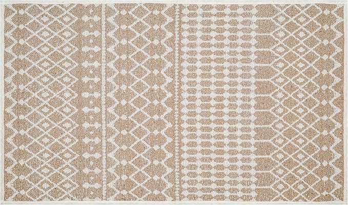 Cotton Morroccan Area Runner Rug 27x45 Inches - Beige, Non Slip Soft & Sturdy Patio Runners Ideal for Hallways, Entryway, Kitchen, Bedroom | Machine Washable Neutral Boho Door Mat for Bathroom