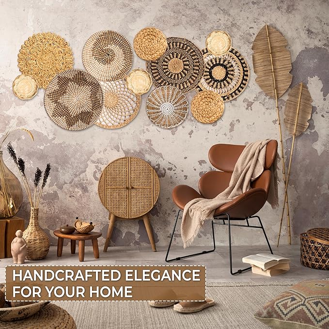 Laquedecraft Set 12 Boho Wicker Rattan Plate Basket Set For Décor Hanging Wall | Large Woven Farmhouse Rustic Bohemian Art Baket Hangings For Decorative Home, Bedroom, Living Room, Kitchen, Bathroom (Classic, 12)