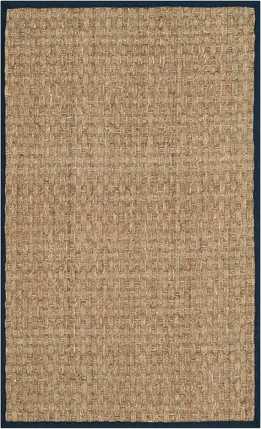 SAFAVIEH Natural Fiber Collection Area Rug - 2'6" x 4', Natural & Blue, Seagrass, Basketweave Pattern with Border (NF114E)