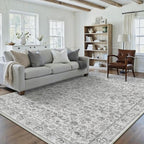 HUGEAR Grey Area Rug 6x9 Machine Washable Living Room Rugs Distressed Neutral Vintage Floral Low Pile Carpet Bedroom Office Dining Room Laundry Room Non Slip Soft Lightweight