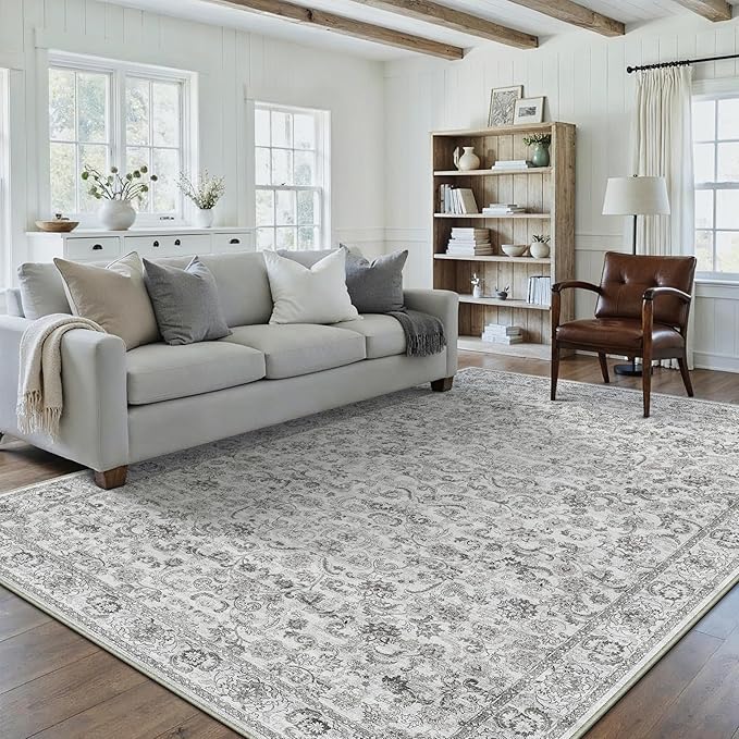 HUGEAR Grey Area Rug 6x9 Machine Washable Living Room Rugs Distressed Neutral Vintage Floral Low Pile Carpet Bedroom Office Dining Room Laundry Room Non Slip Soft Lightweight