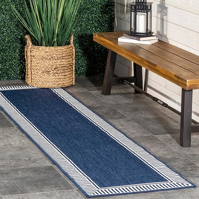 Nuloom Asha Navy/Ivory, 2' x 10', Casual, Striped Border, Soft and Cozy, High Traffic, Stain Resistant, Easy Clean, Durable Runner for Indoor/Outdoor Patio, Deck, Porch, Garden, Courtyard