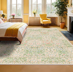 Light Beige Green Floral Living Room Rug, 7x9 Washable Area Rug for Kids Room, Bedroom, Nursery Room, Living Room, Dining Room, Low Pile Non-Slip - Vintage Design & Stain Resistance