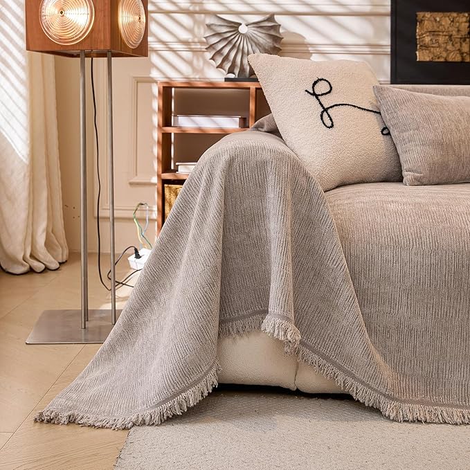 ROOMLIFE Couch Cover Sofa, Boho Chenille Couches Covers for 3 Cushion Sofas, Non Slip Soft Breathable Sofa Slipcovers for Pet, Washable Furniture Protector with Tassel,71''X134”