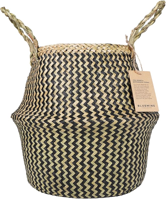 Blueming Home Wicker Plant Basket – Large Seagrass Floor Pot for Faux Olive Tree or Snake Plant, Black Decorative Woven Indoor Planter for 9-10 Inch (Black, Large)