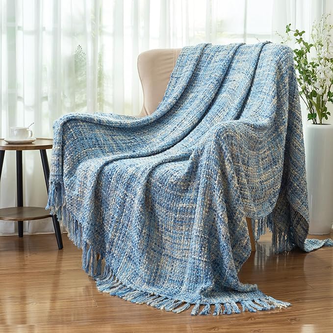 Multi-Color Light Blue Cable Woven Throw Blanket for Couch,60"X80" Boho Style Textured Blankets for Home Decor,Super Soft Warm Cozy Chunky Blanket with Decorative Tassels for Bed