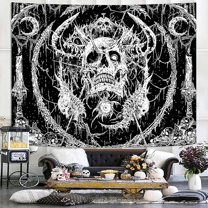 Lifeella Skull Tapestry, Gothic Horror Moon Skeleton Mystic Dark Tapestries for Bedroom Grunge Wall Hanging Black and White 36 x 48 inch