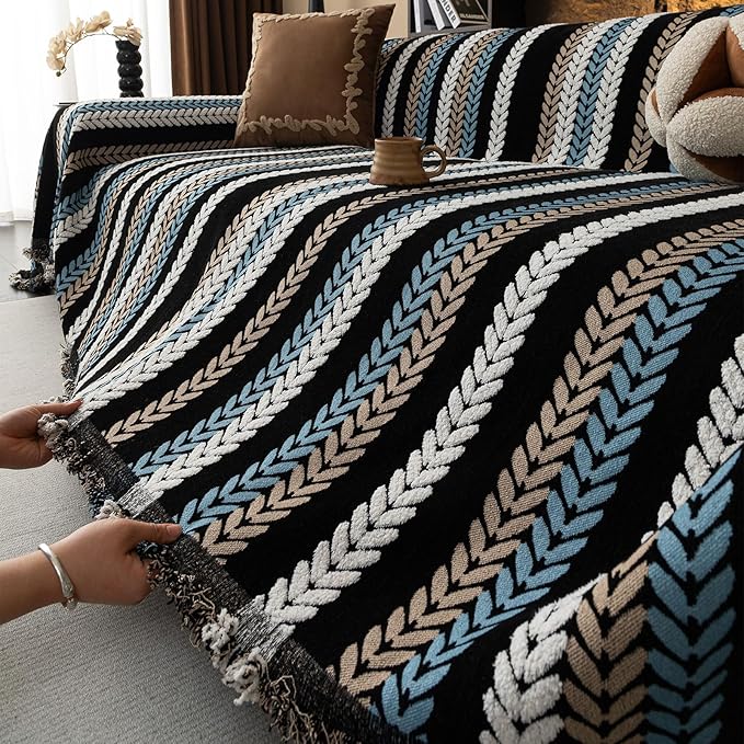 VClife Couch Cover for Sofa, Chenille Sofa Cover for Dog Modern Stripe Couch Cover for 2 Cushion Couch Sofa, Non Slip Furniture Protector Pet Couch Slipcover with Tassel, Black, 71''x118''