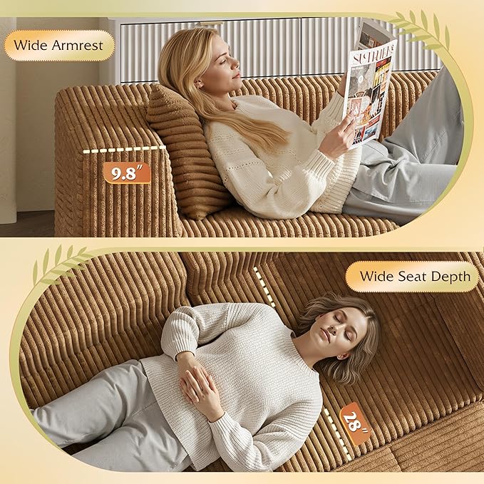 WLIVE 108'' Cloud Sectional Couches for Living Room, Modular Boneless Couch with Left Facing Chaise, L Shape Memory Foam Corduroy, with Ottoman, Brown