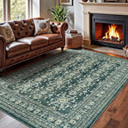 Lessymo 6x9 Area Rugs for Living Room, Machine Washable Non Slip Rug, Soft Low Pile Carpet for Bedroom Dining Home Office, Vintage Dark Green Distressed Floral Floor Mat