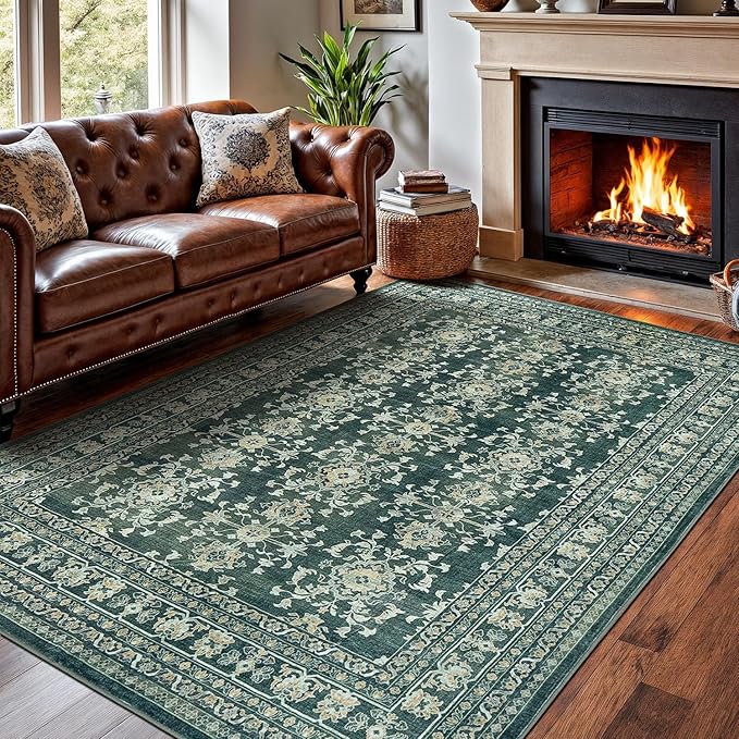 Lessymo 6x9 Area Rugs for Living Room, Machine Washable Non Slip Rug, Soft Low Pile Carpet for Bedroom Dining Home Office, Vintage Dark Green Distressed Floral Floor Mat