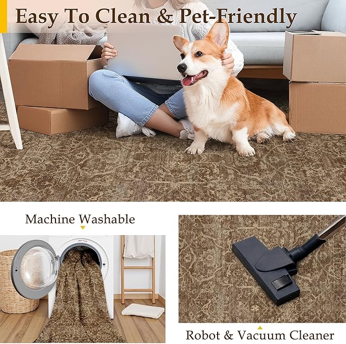HUGEAR Area Rug 8x10 Brick Red Machine Washable Living Room Rugs Distressed Vintage Floral Vacuumable Low Pile Carpet Bedroom Office Dining Room Laundry Room Non Slip Soft Lightweight