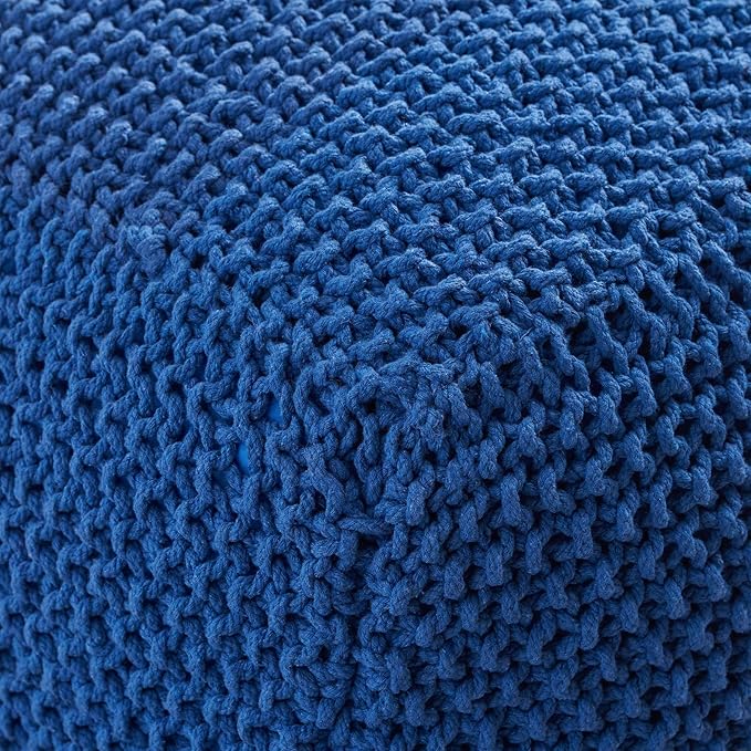 Handcrafted Knitted Cotton Round Pouf - 20x20, Modern Design, Soft and Comfortable, No Assembly, Home Decor, Knit Ottoman, Boho Floor Pouf for Living (Navy)