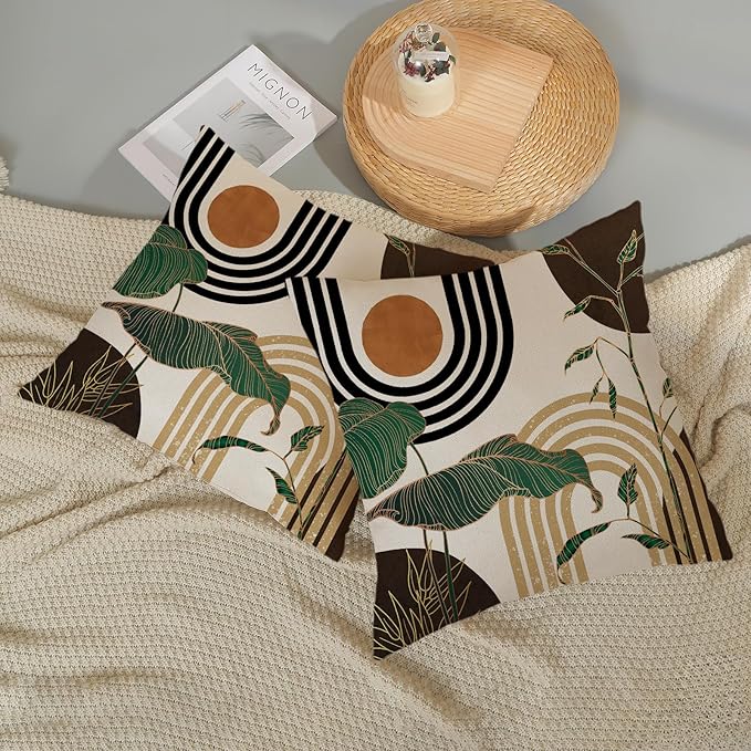 Boho Brown Pillow Covers 18x18 Set of 2 Green Gold Leaf Tropical Mid Century Throw Pillows Outdoor Bohemian Decorative Pillow Cases Modern Abstract Linen Cushion Case for Couch Sofa Decor