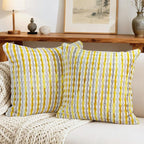 Boho Decorative Throw Pillow Covers 18x18 Inch, Chenille Tufted Pillow Cover Striped Textured Square Farmhouse Accent Pillowcase for Couch Sofa Bedroom Living Room, Yellow White Stripe 2 Pack