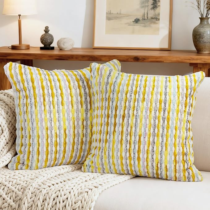 Boho Decorative Throw Pillow Covers 18x18 Inch, Chenille Tufted Pillow Cover Striped Textured Square Farmhouse Accent Pillowcase for Couch Sofa Bedroom Living Room, Yellow White Stripe 2 Pack