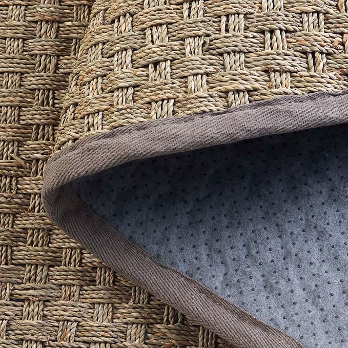 SAFAVIEH Area Rug 7' Square - Natural Fiber Collection - Natural & Grey, Seagrass, Basketweave Pattern with Border (NF114P)