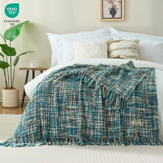 Multi-Color Teal Cable Woven Throw Blanket for Couch,50"X60" Boho Style Textured Blankets for Home Decor,Super Soft Warm Cozy Chunky Blanket with Decorative Tassels for Bed and Sofa