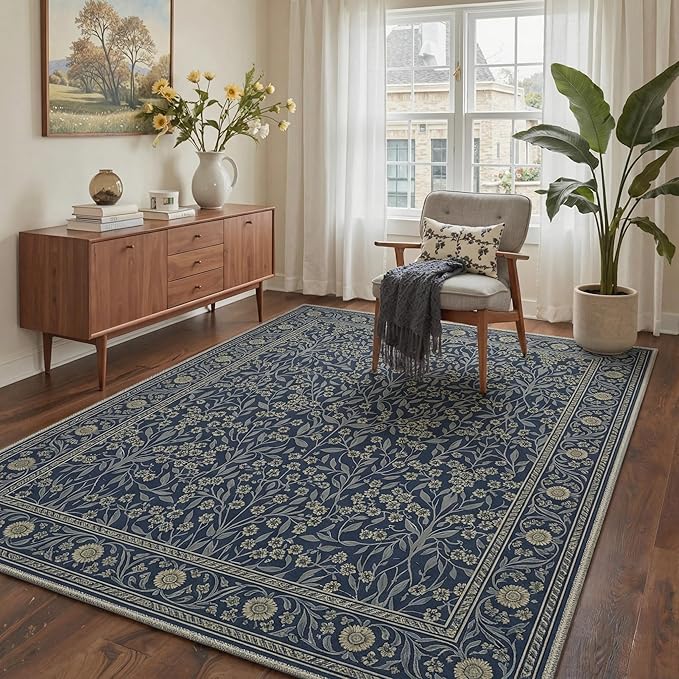 GENIMO Area Rug 2x3 Doormat, Machine Washable Low Pile Rugs, Small Retro Chenille Entryway Mat for Entrance, Hallway, Kitchen and Corridor, Floral Navy