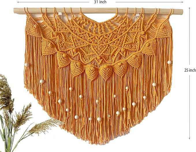 Youngeast Large Macrame Wall Hanging Boho Beaded Curtain for Window Macrame Bedroom Headboard Living Room Wall Art Tassel Tapestry Bohemian Woven Wall Decor 31" W X 25" H (Orange)