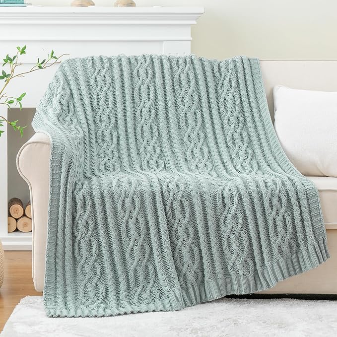 Battilo Sage Green Throw Blanket for Couch, 51"x67", Soft Cozy Chenille Throw Blanket, Knit Blanket Sage Throw, Decorative Boho Throw Blanket for Living Room