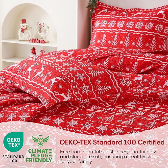 JSD Nordic Christmas Quilt Set Full/Queen, Red White Reindeer Snowflakes Tree Printed Bedspreads Coverlet with Pillow Sham 2 Piece