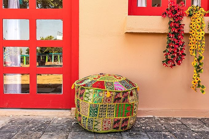 THE ART BOX Round Boho Cotton Patchwork Pouf Cover – Handmade Vintage Embroidered Ottoman Seat Cover, Colorful Decorative Floor Cushion for Home Accessories Décor (14x22 Inches, Cover Only)