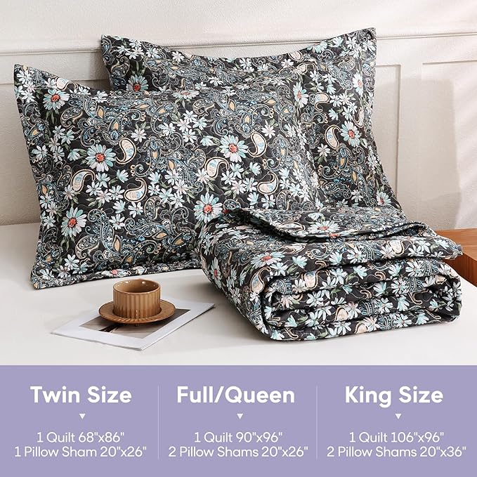 JSD Black Paisley Floral Quilt Set Twin Size, 2 Piece Printed Bedspreads Coverlet with Pillow Sham, Soft Microfiber Quilted Blanket