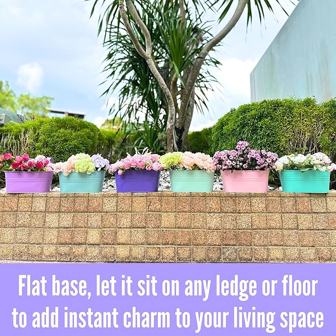 LaLaGreen Outdoor Hanging Planter (11.2 Inch, 6 Pack) Light Pink, Light Purple, Turquoise, Light Blue, Dark Purple, Cadet Blue Metal Iron Window Box Flower Pot Deck Railings Fence Porch Garden Decor