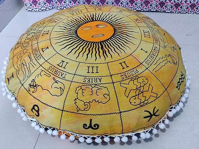 CRAFT KALA Mandala Floor Pillow Cushion Cover Seating Throw Cover Hippie Decorative Bohemian Ottoman Poufs Pom Pom Pillow Cases Boho Indian Cotton Living Room Yoga Home Décor 24" Round, Yellow Zodiac