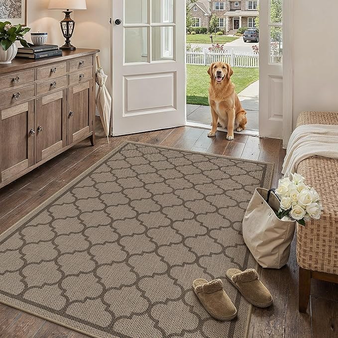4x6 Geometric Figure Easy Jute Area Rug for Living Room Scalloped Washable Indoor Outdoor Carpet Farmhouse Patio Office Mat Geometric Non Slip Black Carpet for Dorm Backyard Dining Room