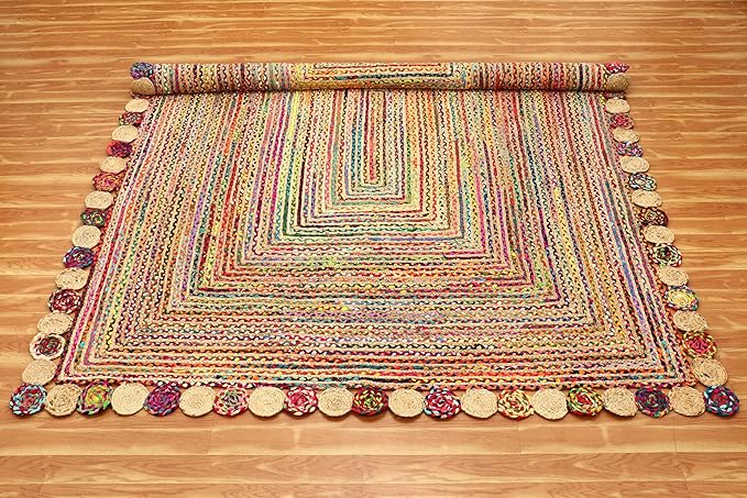 Square Area Rug - 3x3 Feet Multicolor Cape Code Chindi Cotton Jute Rug Geometric Kilim Rug Indoor Outdoor Use Carpet Flatweave Rugs for Bedroom Bedside Custom Mat Dining Table Mat