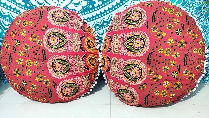 CRAFT KALA Mandala Floor Pillow Cushion Cover Seating Throw Cover Hippie Decorative Bohemian Ottoman Poufs Pom Pom Pillow Cases Boho Indian Cotton Living Room Home Décor 24" Round Set Of 2, Red Mirchi