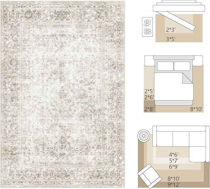 FMFUNCTEX 4x5 Washable Area Rug Neutral Vintage Beige Non Slip Low Pile Traditional Indoor Carpet for Entryway Living Room Bedroom Soft Retro Floral Mat Throw Rug for Dining Office Kitchen Entryway