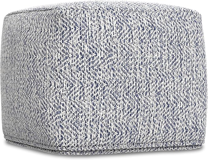 SIMPLIHOME Nate Square Pouf - 18 inch Wide Upholstered Handwoven Cotton Ottoman in Denim Melange, Boho Footstool or Extra Seating for Living Room or Bedroom with Polystyrene EPS Beads, Assembled